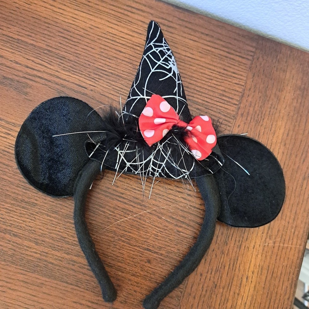 Disney Parks Minnie Mouse Halloween Witch Hat Headband Spiderweb Polka Dot Bow